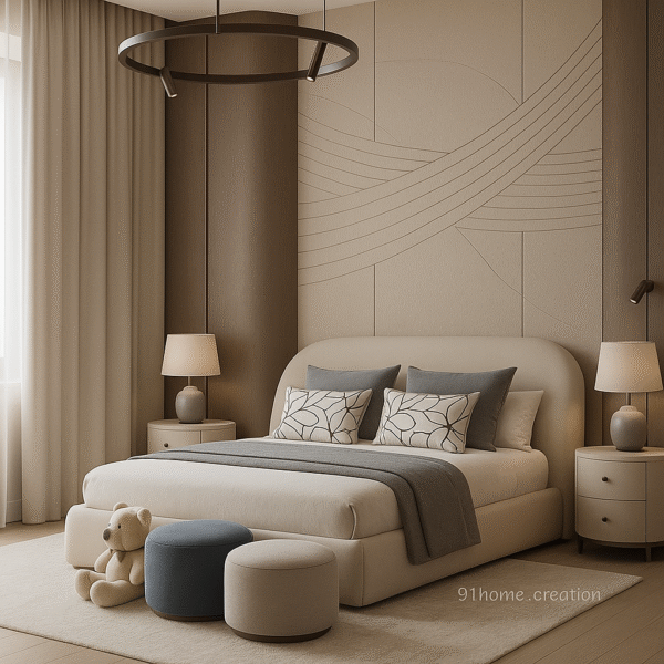 Modern bedroom design with dual nightstands and wavy patterned wall paneling
