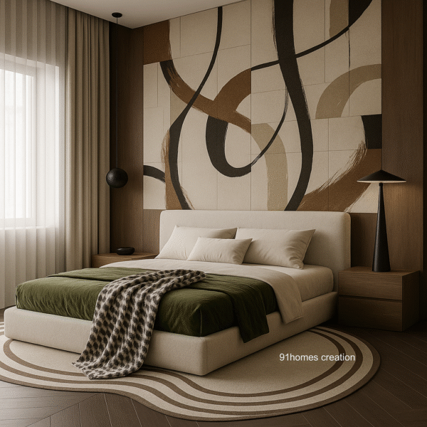 Luxury bedroom with curved rug, olive green bedding, and geometric bed back wall