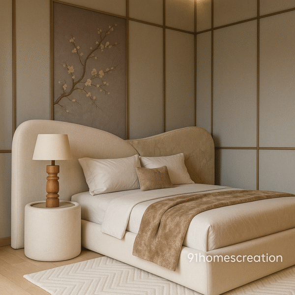 Elegant upholstered bed back wall in neutral tones with wooden lamps