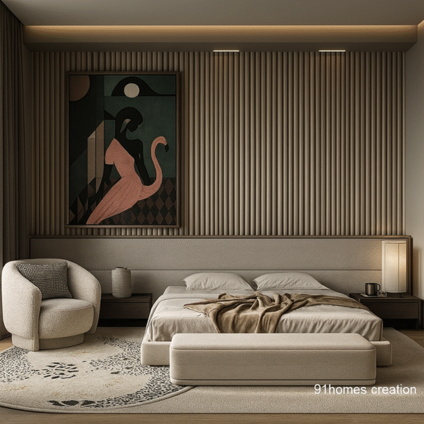 Beige upholstered bed back wall with vertical wooden slats and abstract art above.