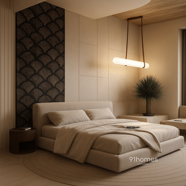 Designer bed back wall with textured black pattern and soft ambient lighting