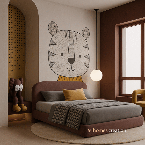 Children's room with modern bed back wall design and hanging pendant light