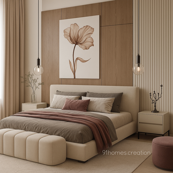 Luxury bed back wall design in warm neutrals with floral artwork and hanging lights