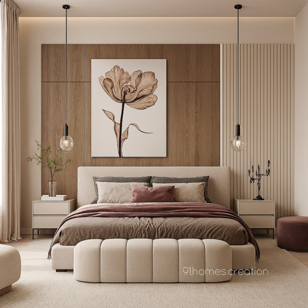 Modern bedroom with beige bed back wall, wooden panels, and tulip wall art