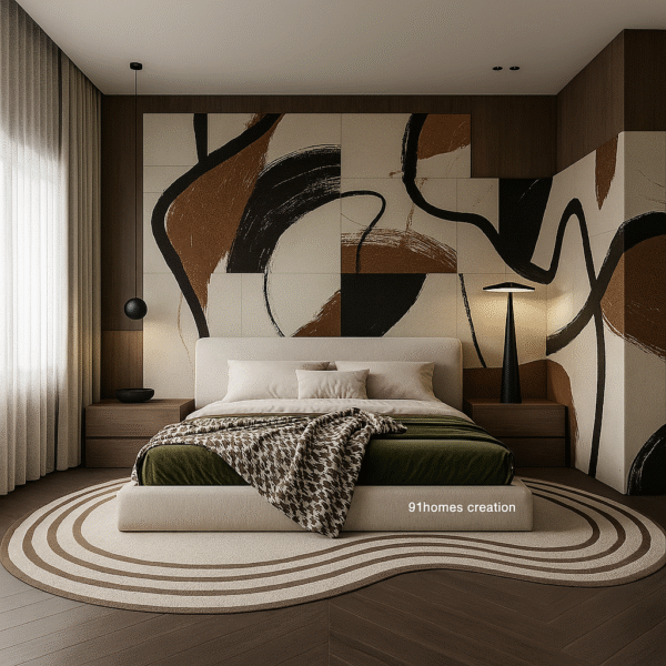 Modern bed back wall with abstract design in brown, black, and beige tones