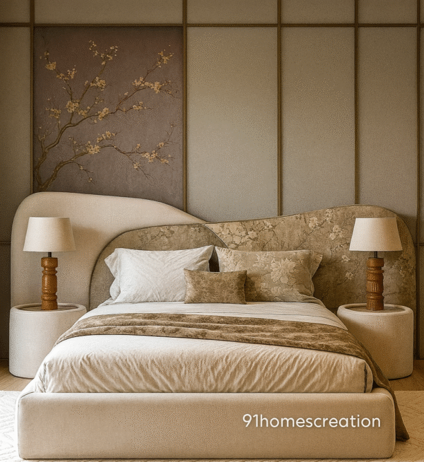 Bed back wall with floral texture and curved beige headboard in luxury bedroom