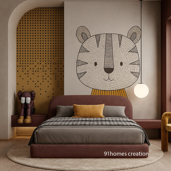 Bed back wall with cartoon tiger mural and rounded maroon headboard