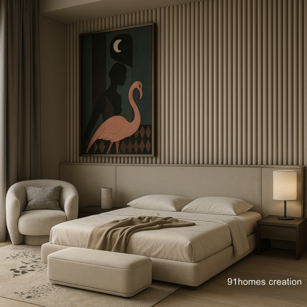 Modern bedroom with neutral tone bed back wall and stylish interior elements.